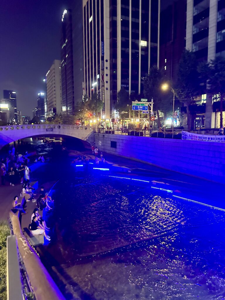 Cheonggyecheon stream in Seoul at night.