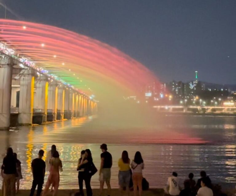 The rainbow fountain light show on the bridge at Banpo Hangang Park in Seoul, South Korea.