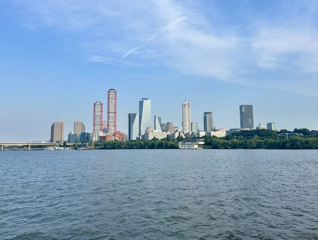 The view of Yeouido from the Hangang Bus in Seoul.