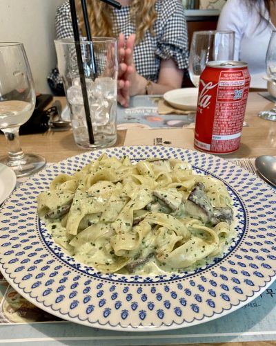 Mushroom truffle cream pasta served at Myeongdong Pizza restaurant in Seoul